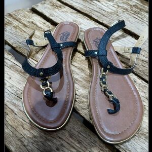 Black and Tan Sandals with Gold Chain